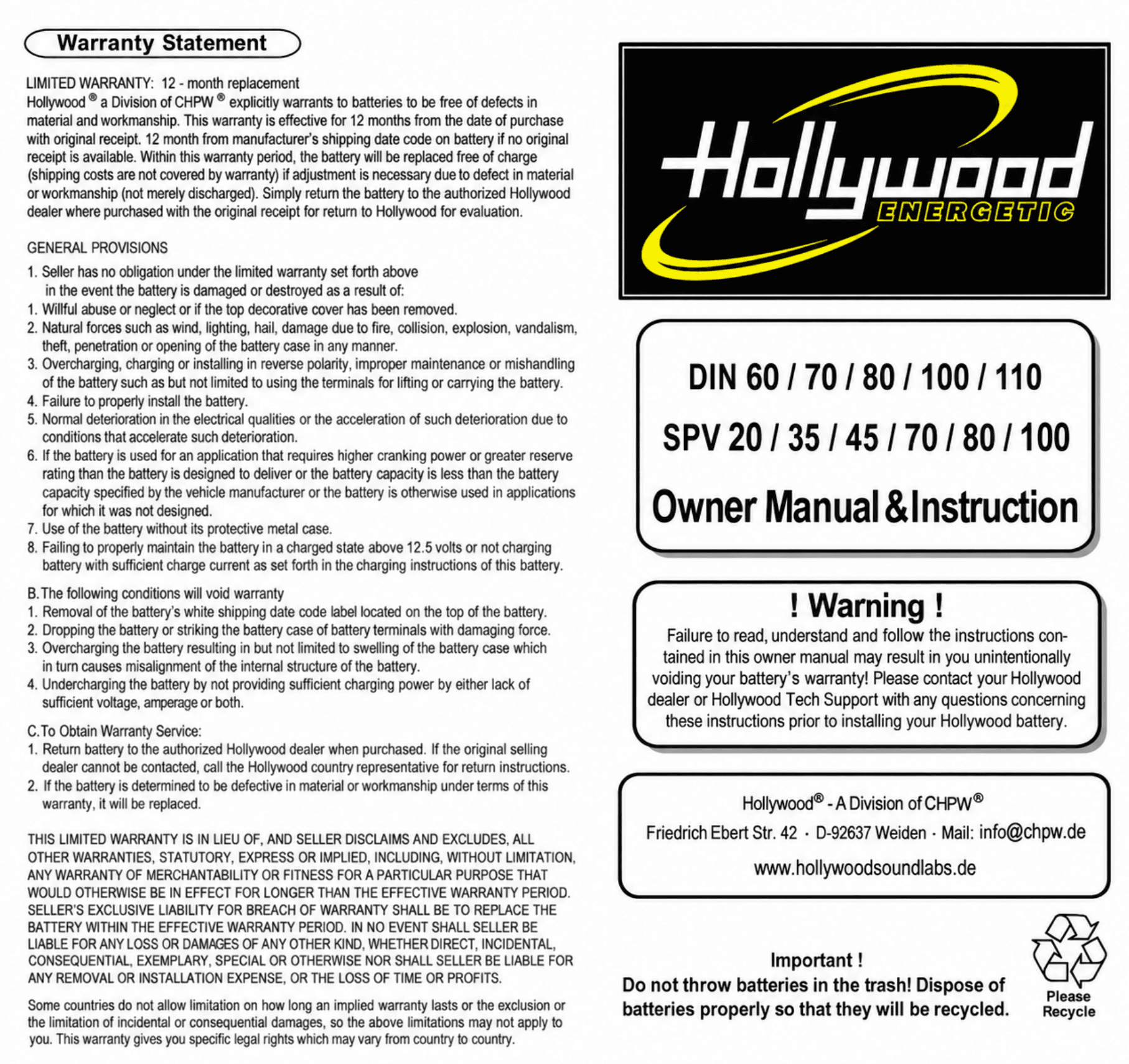 Hollywood SPV 20 6 Hollywood SPV 20 — Batería auxiliar AGM
